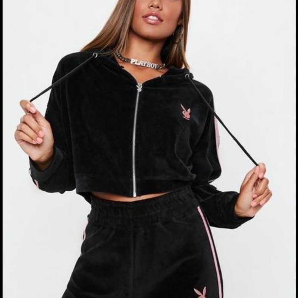 Vintage Y2K Playboy Missguided Velour Cropped Hoodie Black & Pink Zip Up